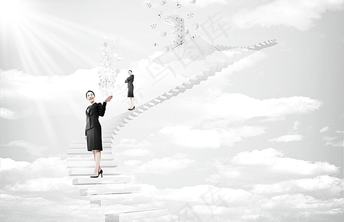 天空楼梯上的商务女士
