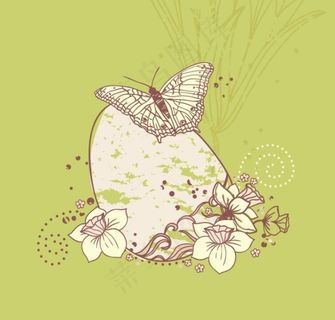 插画—植物前的蛋和蝴蝶以及花朵