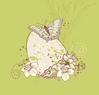 插画—植物前的蛋和蝴蝶以及花朵