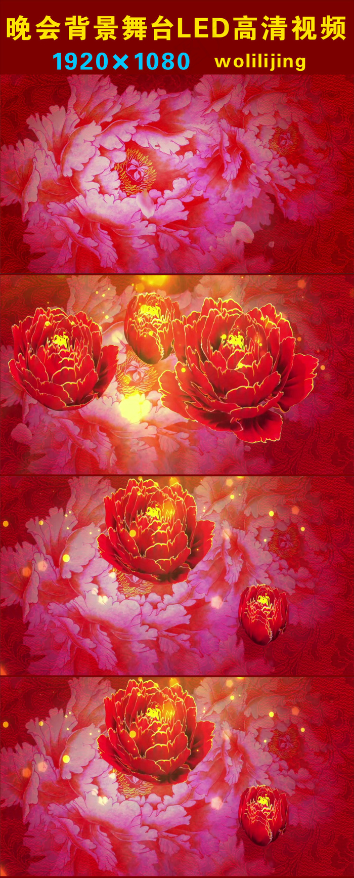 红色牡丹花开晚会背景LED高清视频