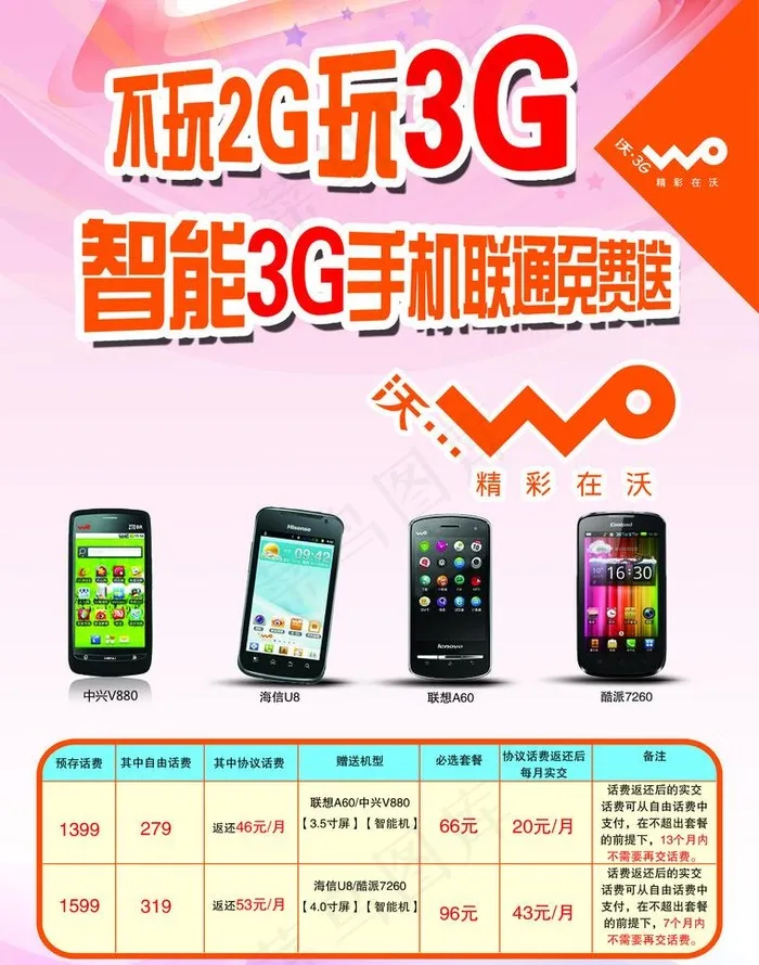 不玩2g玩3g 智能手机联通免费送...(2551X3437(DPI:300))psd模版下载