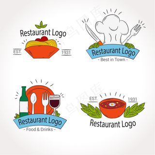 4款彩绘餐厅标志设计矢量素材