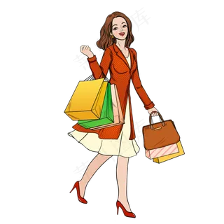 手绘购物的女性人物设计可商用元