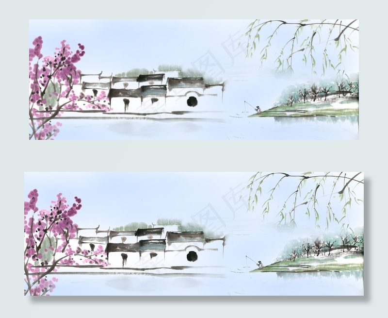 江南春钓图水墨画背景