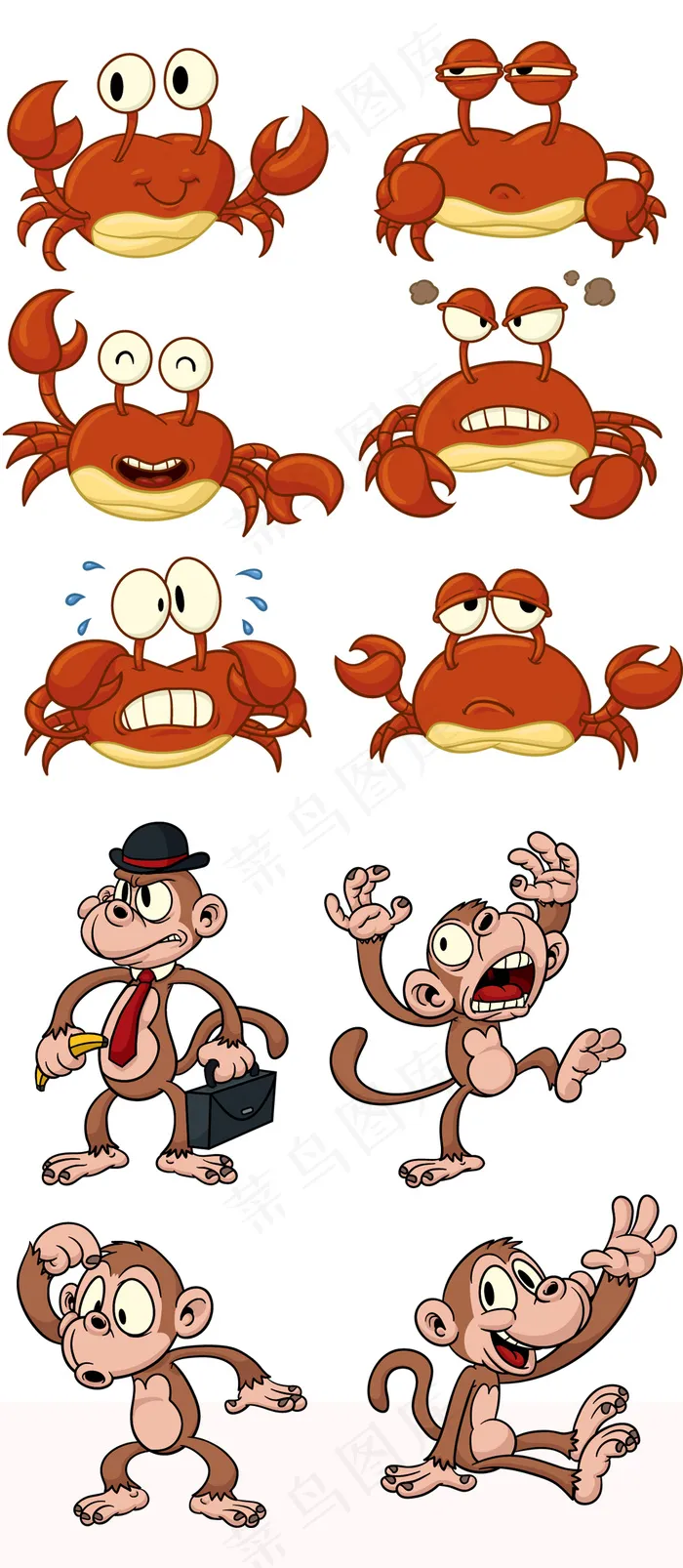 卡通手绘螃蟹和猴子eps矢量表情动...