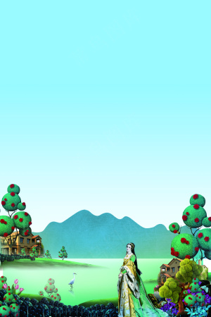 唯美风景新中式手绘插画背景PSD