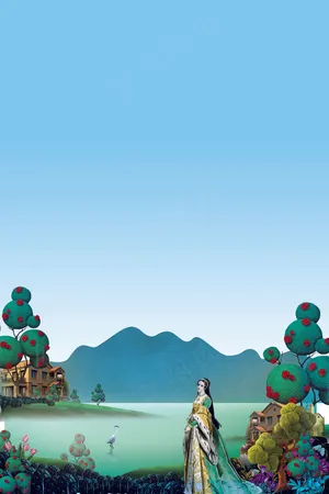 唯美风景新中式手绘插画背景PSD