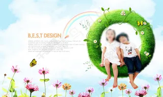 韩国素材-草环上的小女孩