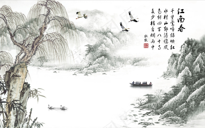水墨江南春背景墙(9072X5670(DPI:72))psd模版下载