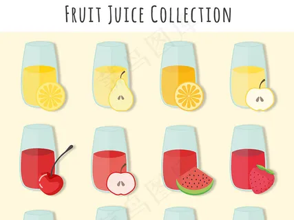 美味水果汁苹果汁橙汁胡萝卜汁矢量素...