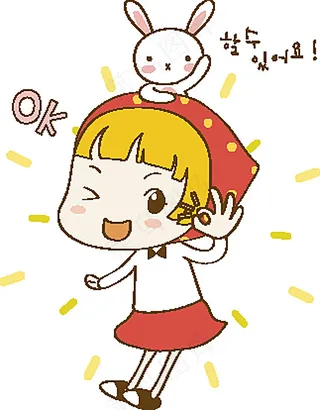作OK手势的小女孩和小白兔