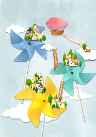 创意风车上的房子卡通插