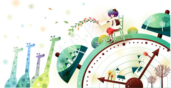 坐在钟表上喂长颈鹿的女孩