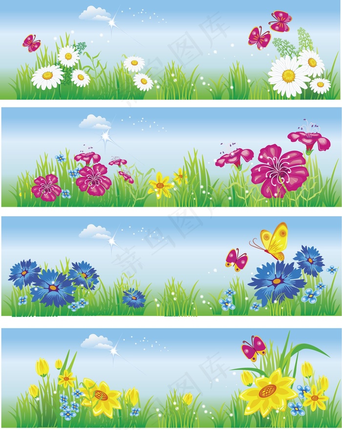 争奇斗艳鲜花彩蝶横幅矢量图