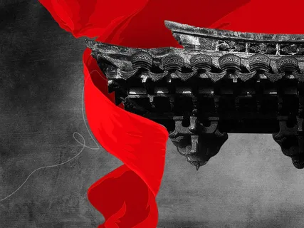 古典建筑物房檐与红飘带PSD分层素...