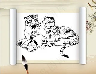 线描百虎装饰图