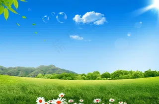 蓝天白云花草树叶
