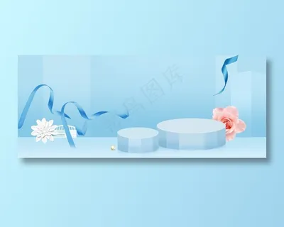 夏日美妆小清新蓝色丝带背景 夏日美妆小清新蓝色丝带背景