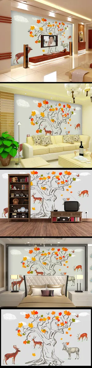 手绘树发财树吉祥鹿