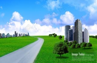 草地上的公路和建筑