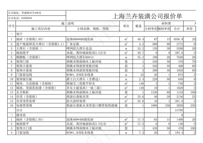家装预算之装修工作表