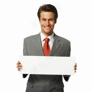 拿着空白广告牌的微笑商务人物图片