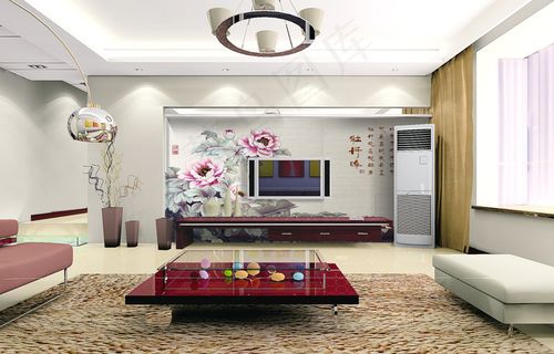 牡丹花电视背景墙 客厅图片下载