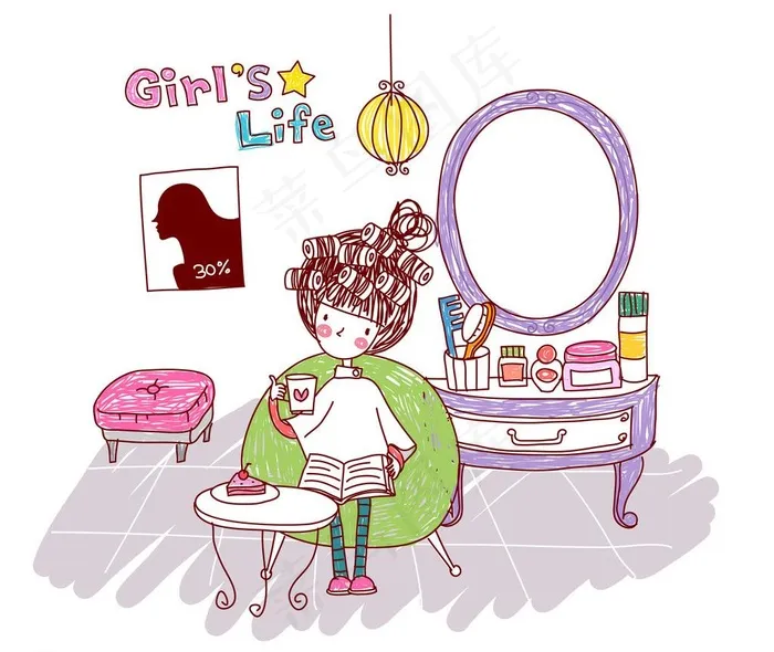 边烫发边喝咖啡的女孩