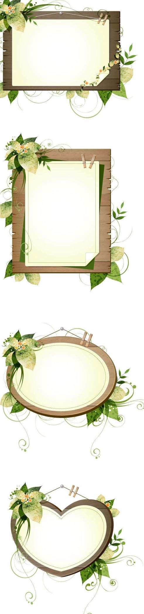 绿色植物装饰木板边框矢量图