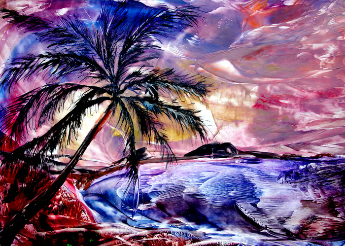油画 海滩椰树图片