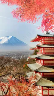 枫叶下的房屋美景高清摄影图片