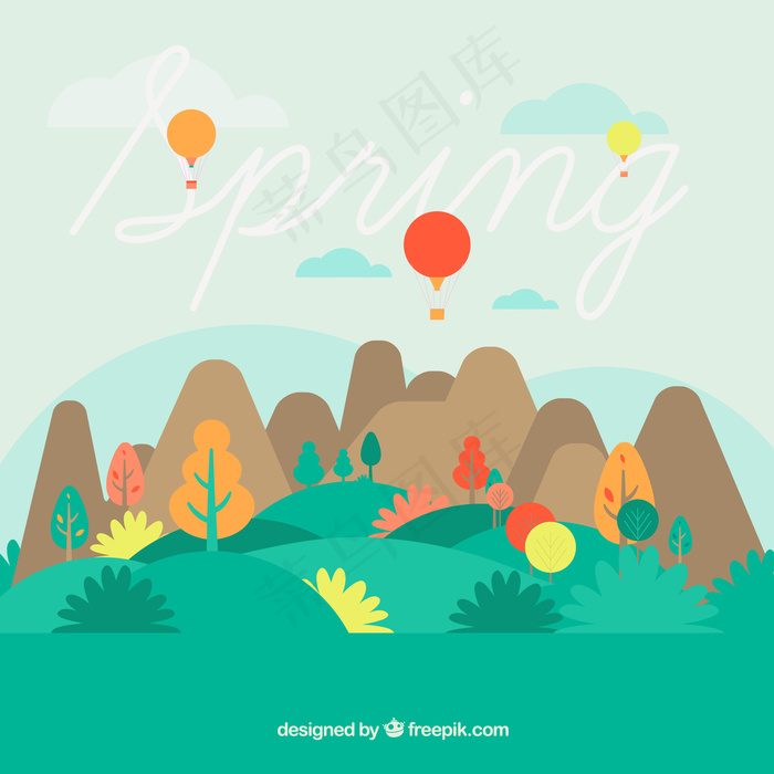 有山和气球的可爱的春天风景