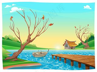 卡通码头小船风景