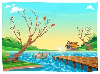 卡通码头小船风景