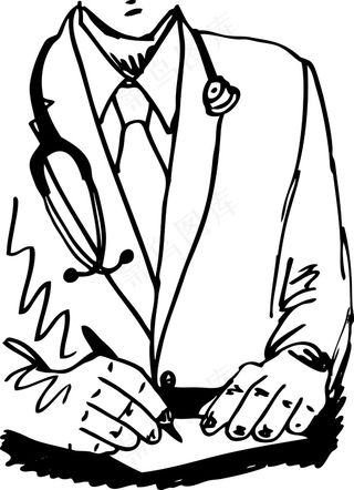 用听诊器坐在他的办公室的桌子和写作...