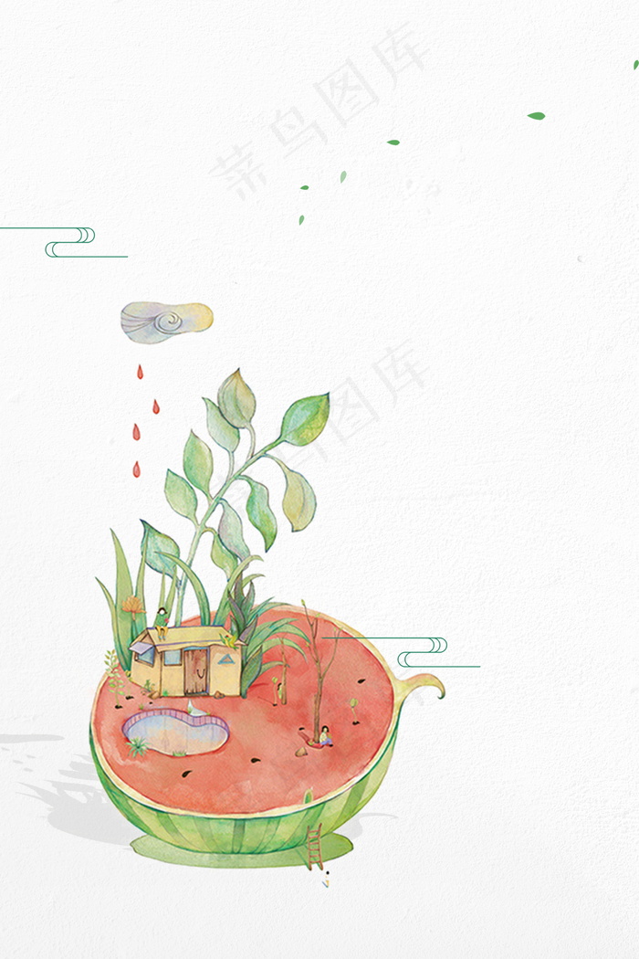 西瓜上的小屋与绿草大暑背景素材