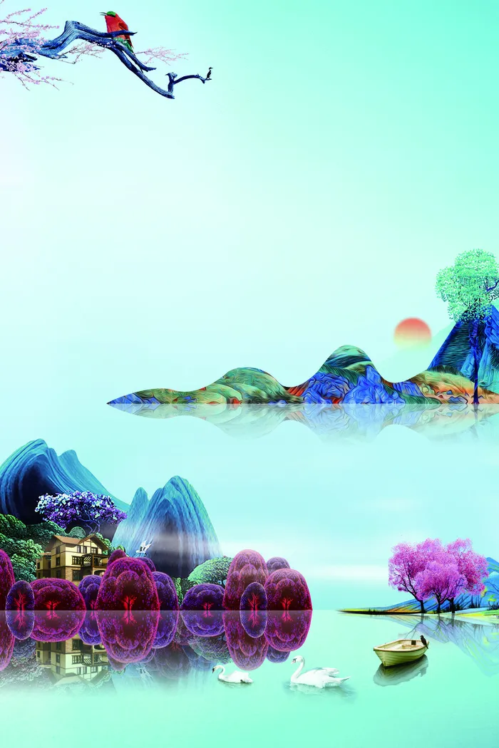 唯美风景新中式手绘插画背景素材