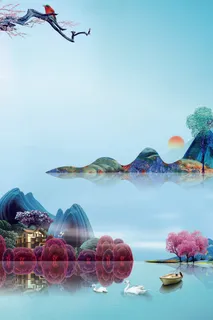 唯美风景新中式手绘插画背景素材