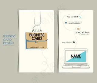 手绘矢量公文包电脑个人名片设计模板