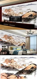中国风大气手绘山水抽象电视背景墙壁...