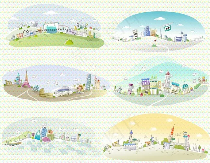 卡通线条城市风景psd模版下载