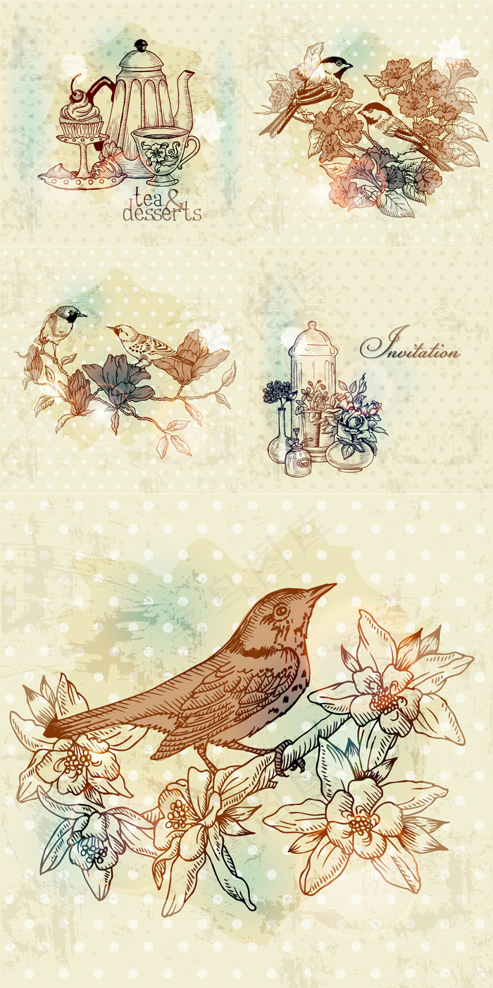 复古的手画花鸟设计矢量素材