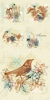 复古的手画花鸟设计矢量素材