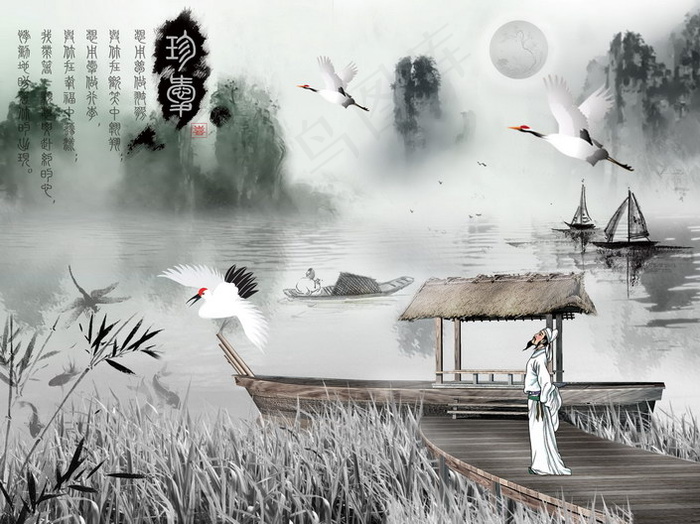 古典人物山水画psd素材