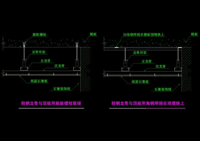 轻钢龙骨与顶板节点cad图纸