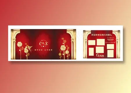 婚礼背景  红色  罗马柱  花朵
