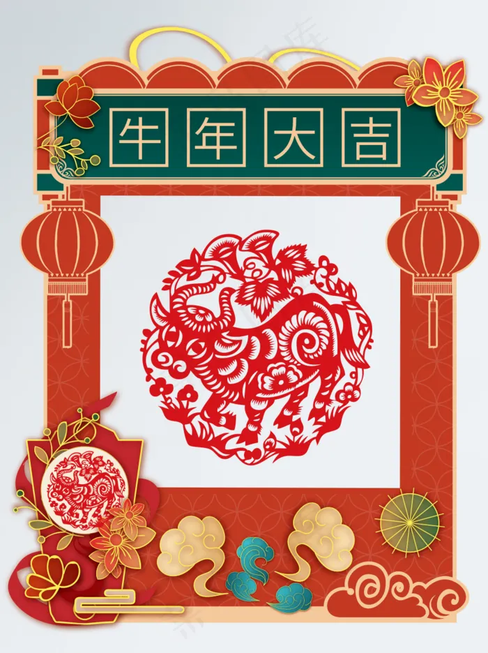 国潮风牛年商场拍照框ai矢量模版下载