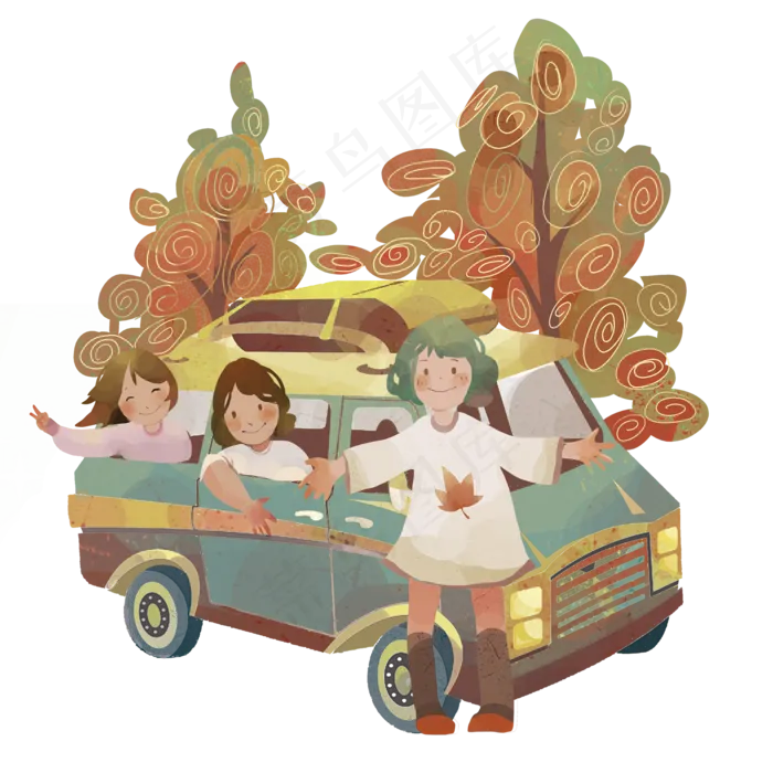 秋天少女房车面包车落叶旅行郊游(2000*2000px 300 dpi )psd模版下载