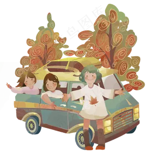 秋天少女房车面包车落叶旅行郊游