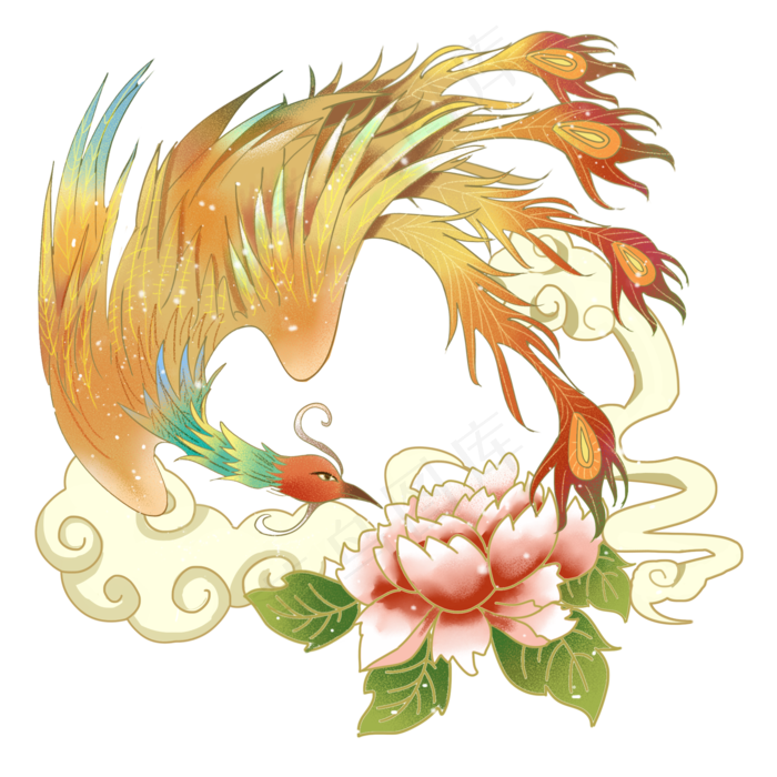 国潮风金色凤凰牡丹,免抠元素(2000*2000px 300 dpi )psd模版下载